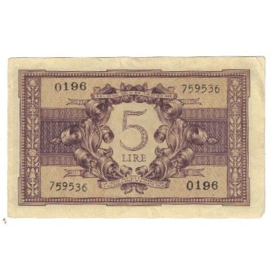 Banknote, Italy, 5 Lire, 1944, 1944-11-23, KM:31a, VF(30-35)