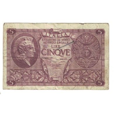 Banknote, Italy, 5 Lire, 1944, 1944-11-23, KM:31a, VF(20-25)