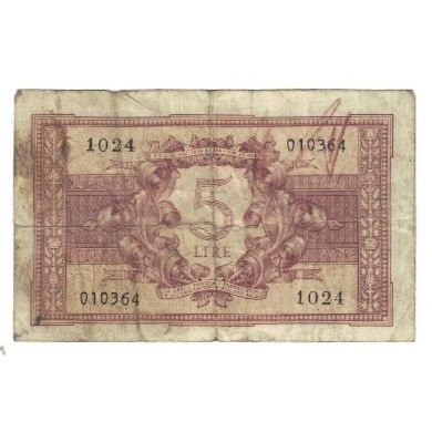 Banknote, Italy, 5 Lire, 1944, 1944-11-23, KM:31a, VF(20-25)