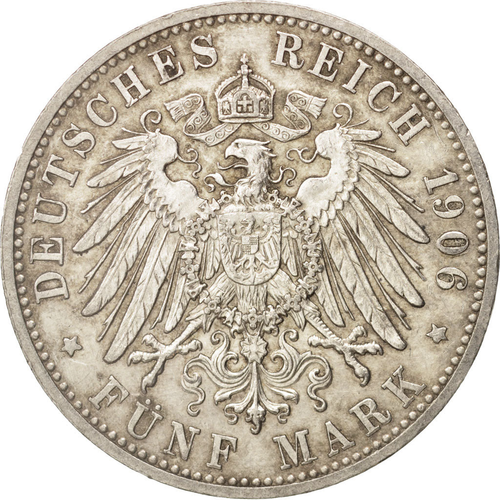 German States, BADEN, Friedrich I, 5 Mark, 1906, EF(40-45), Silver, KM:277