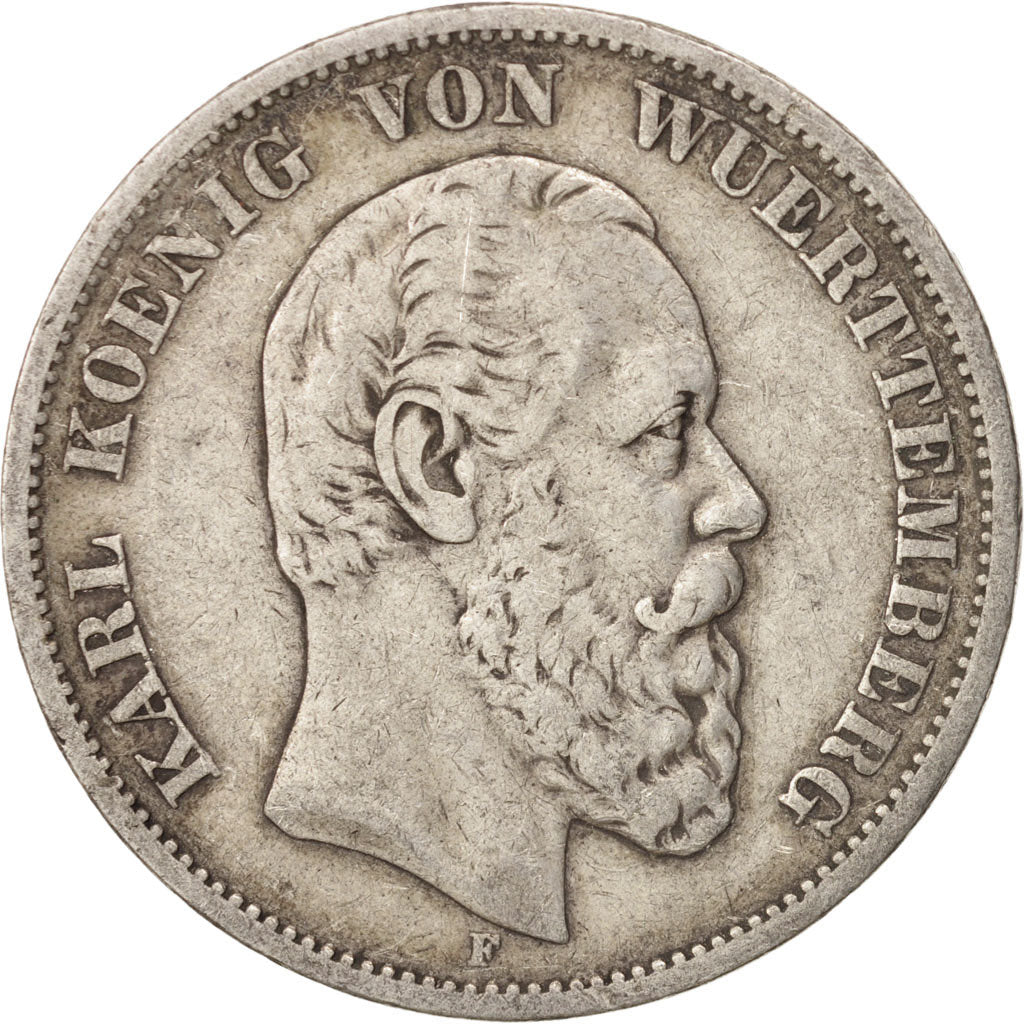 German States, WURTTEMBERG, Karl I, 5 Mark, 1876, Freudenstadt, EF(40-45), KM623