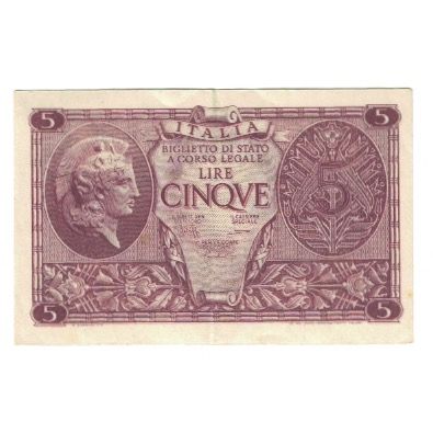 Banknote, Italy, 5 Lire, 1944, 1944-11-23, KM:31c, EF(40-45)