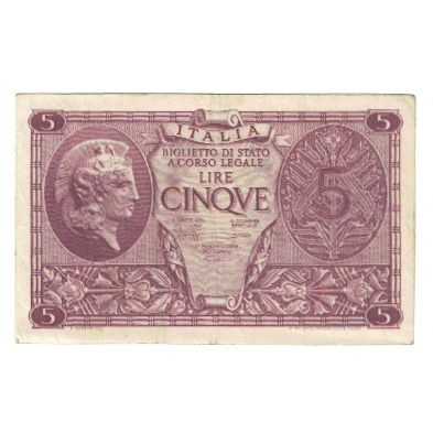 Banknote, Italy, 5 Lire, 1944, 1944-11-23, KM:31c, EF(40-45)
