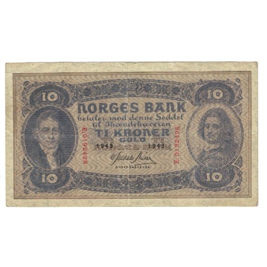 Billete, 10 Kroner, 1943, Noruega, KM:8c, MBC
