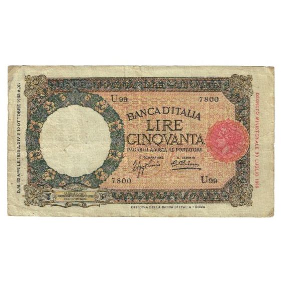 Banknote, Italy, 50 Lire, 1933, 1933-10-10, KM:54a, VF(20-25)
