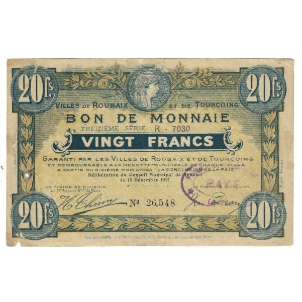 France, Roubaix et Tourcoing, 20 Francs, TTB, Pirot:59-2193
