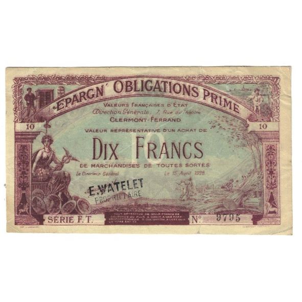 Francia, 10 Francs, 1928, 1928-04-15, EPARGN OBLIGATIONS PRIME, MBC