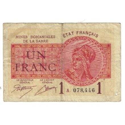 Francia, 1 Franc, 1919, Mine Domaniale de La Sarre, MBC, Fayette:VF51.1, KM:M5