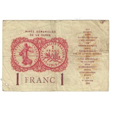 Francia, 1 Franc, 1919, Mine Domaniale de La Sarre, MBC, Fayette:VF51.1, KM:M5