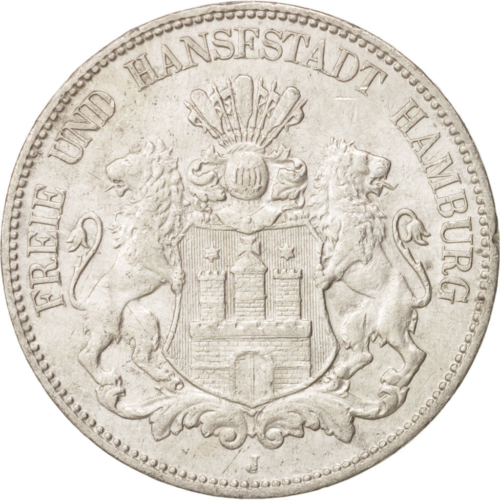 German States, HAMBURG, 5 Mark, 1908, Hamburg, AU(50-53), Silver, KM:610