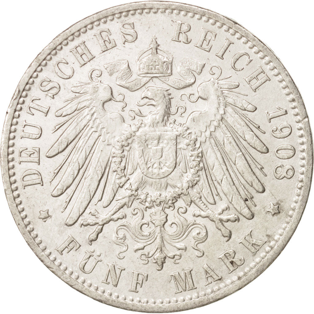 German States, HAMBURG, 5 Mark, 1908, Hamburg, AU(50-53), Silver, KM:610