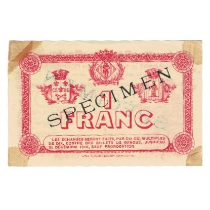 France, Perpignan, 1 Franc, 1915, CHAMBRE DE COMMERCE SPECIMEN, EF(40-45)