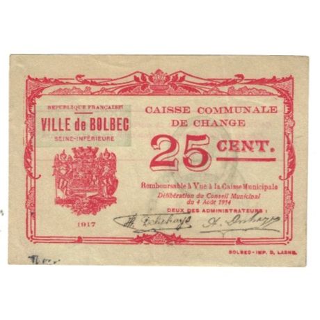 France, Bolbec, 25 Centimes, 1917, Caisse Communale de Change, EF(40-45)