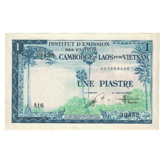 Banknot, FRANCUSKIE INDOCHINY, 1 Piastre = 1 Dong, 1954, KM:105, AU(55-58)