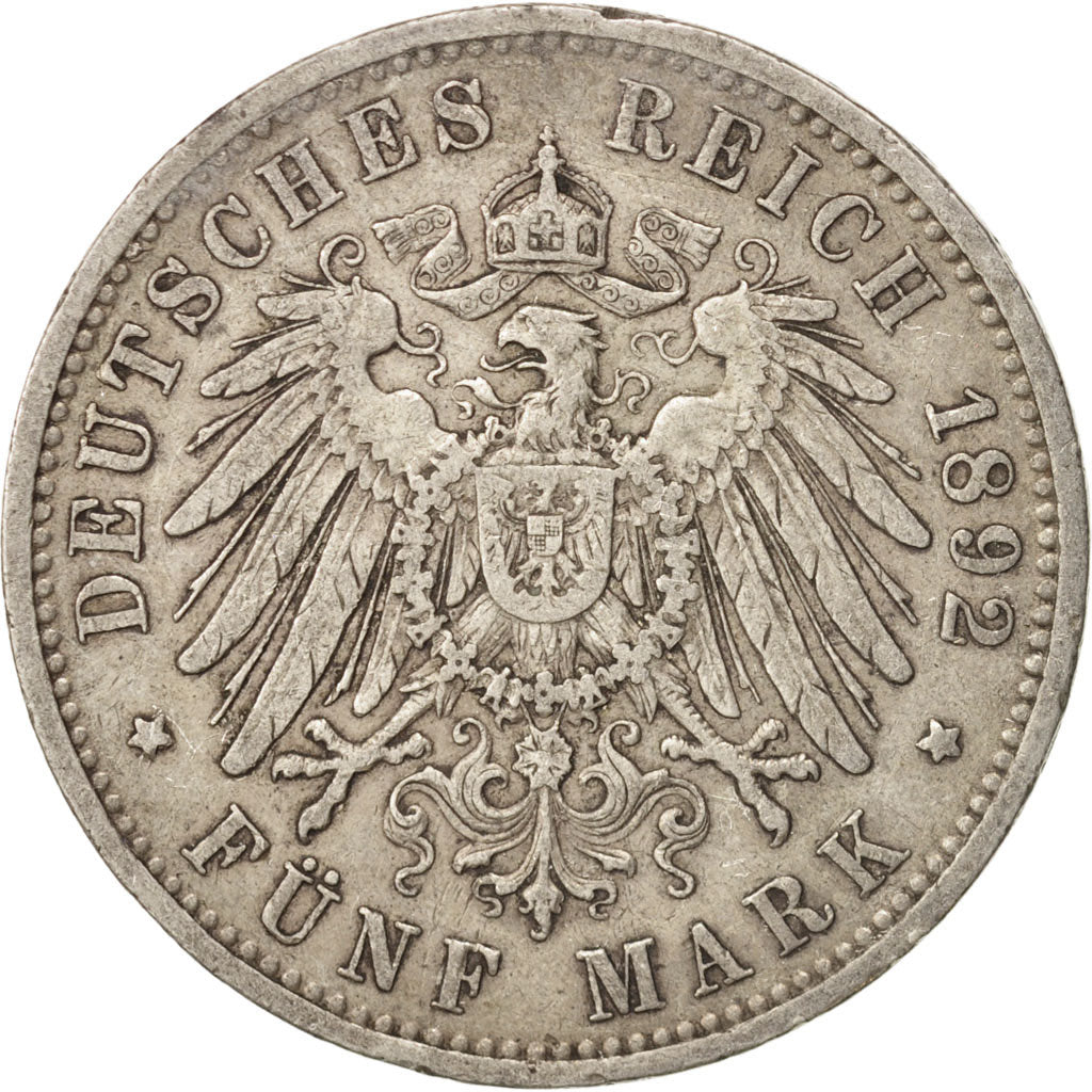 German States, PRUSSIA, Wilhelm II, 5 Mark, 1892, Berlin, EF(40-45),Silver,KM523
