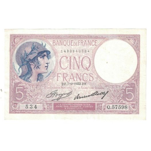 France, 5 Francs, Violet, 1933, 1933-09-07, SUP, Fayette:3.17, KM:83