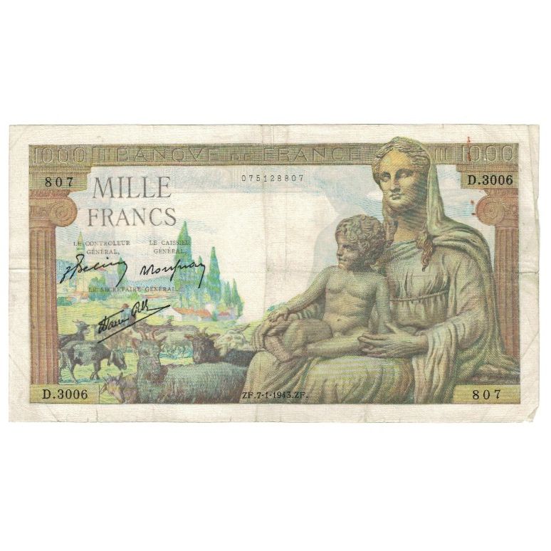 France, 1000 Francs, Déesse Déméter, 1943, P. Rousseau and R. Favre-Gilly