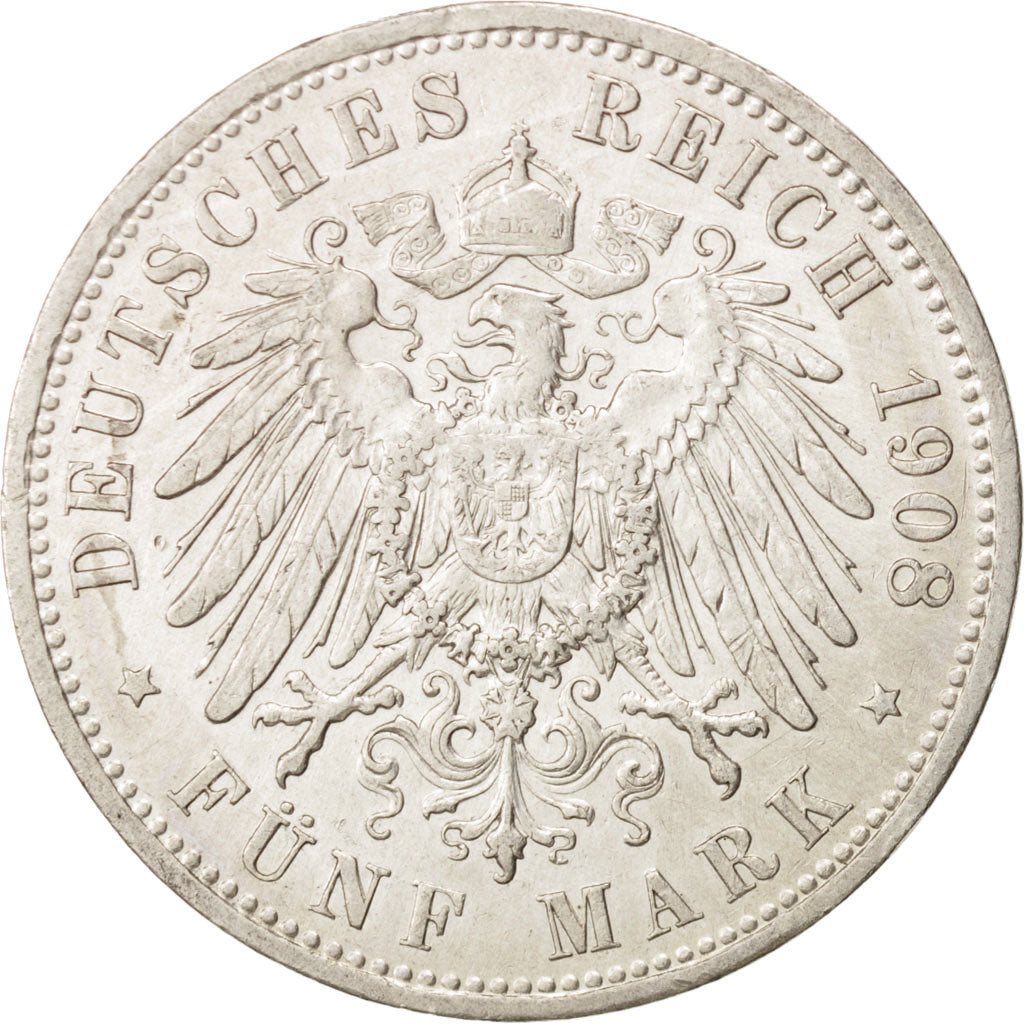 German States, PRUSSIA, Wilhelm II, 5 Mark, 1908, Berlin, AU(50-53),Silver,KM523