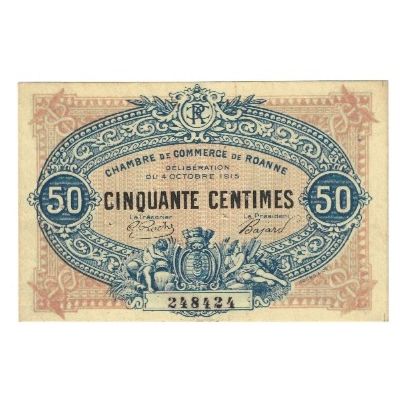France, Roanne, 50 Centimes, 1915, Chambre de Commerce, EF(40-45), Pirot:106-7