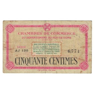 France, Puy de Dôme, 50 Centimes, VF(20-25), Pirot:103-3