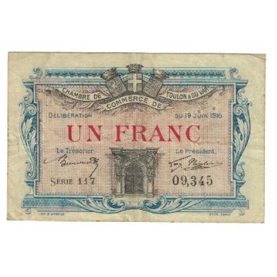 France, Toulon, 1 Franc, 1916, Chambre de Commerce, TTB, Pirot:121-4