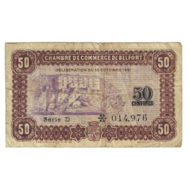 France, Belfort, 50 Centimes, 1915, Chambre de Commerce, VF(20-25), Pirot:90-5