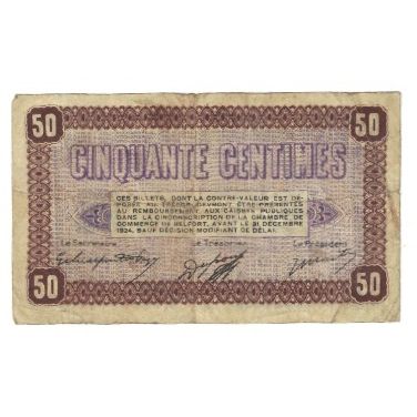 France, Belfort, 50 Centimes, 1915, Chambre de Commerce, VF(20-25), Pirot:90-5