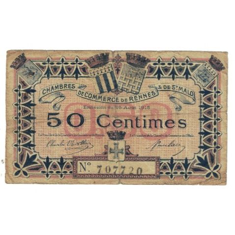 Francia, Rennes et Saint-Malo, 50 Centimes, 1915, BC, Pirot:105-1