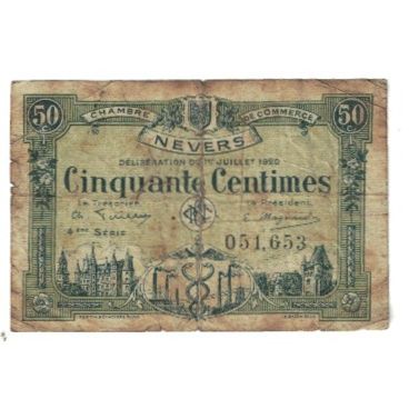 France, Nevers, 50 Centimes, 1920, VF(20-25), Pirot:90-18