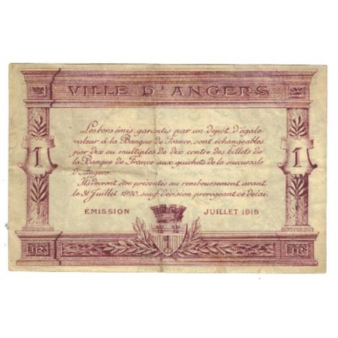 France, Angers, 1 Franc, 1915, EF(40-45), Pirot:8-6