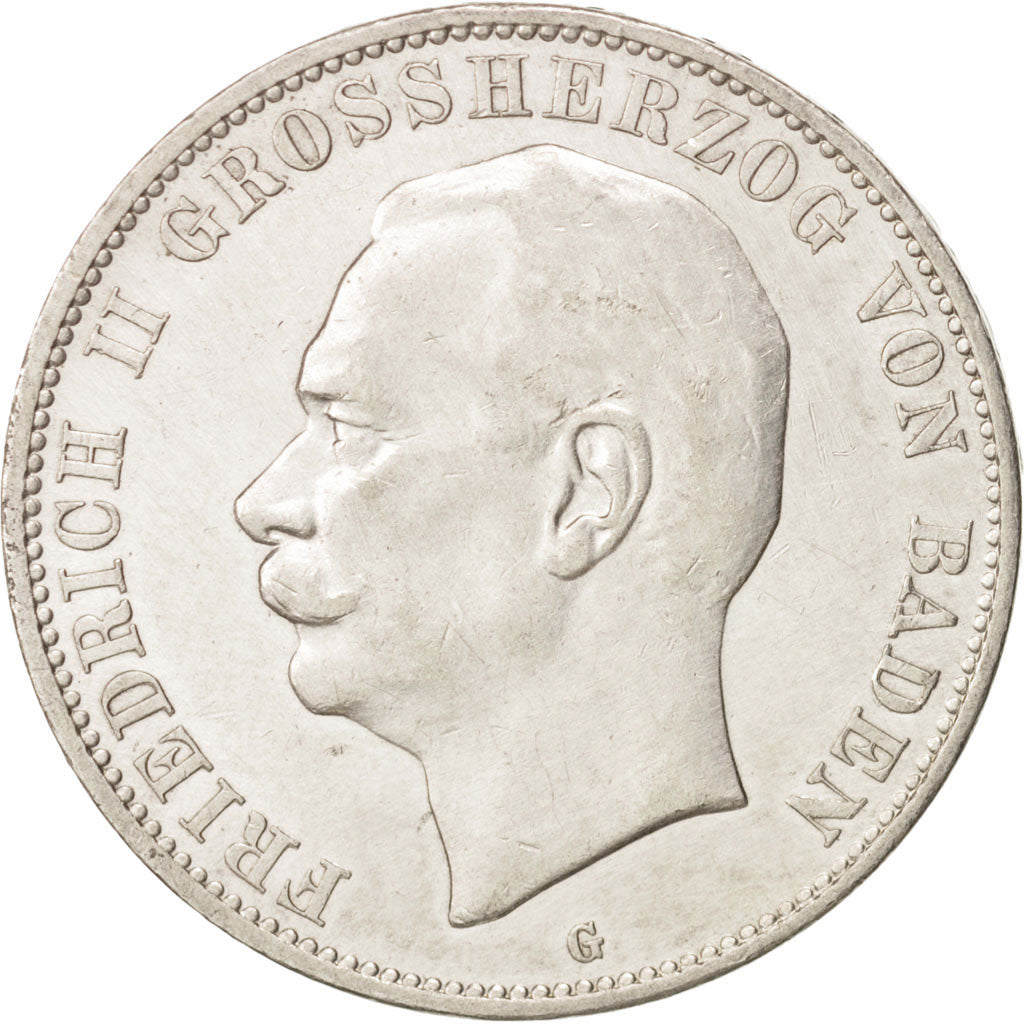 German States, BADEN, Friedrich II, 5 Mark, 1913, Stuttgart, EF(40-45), KM 281