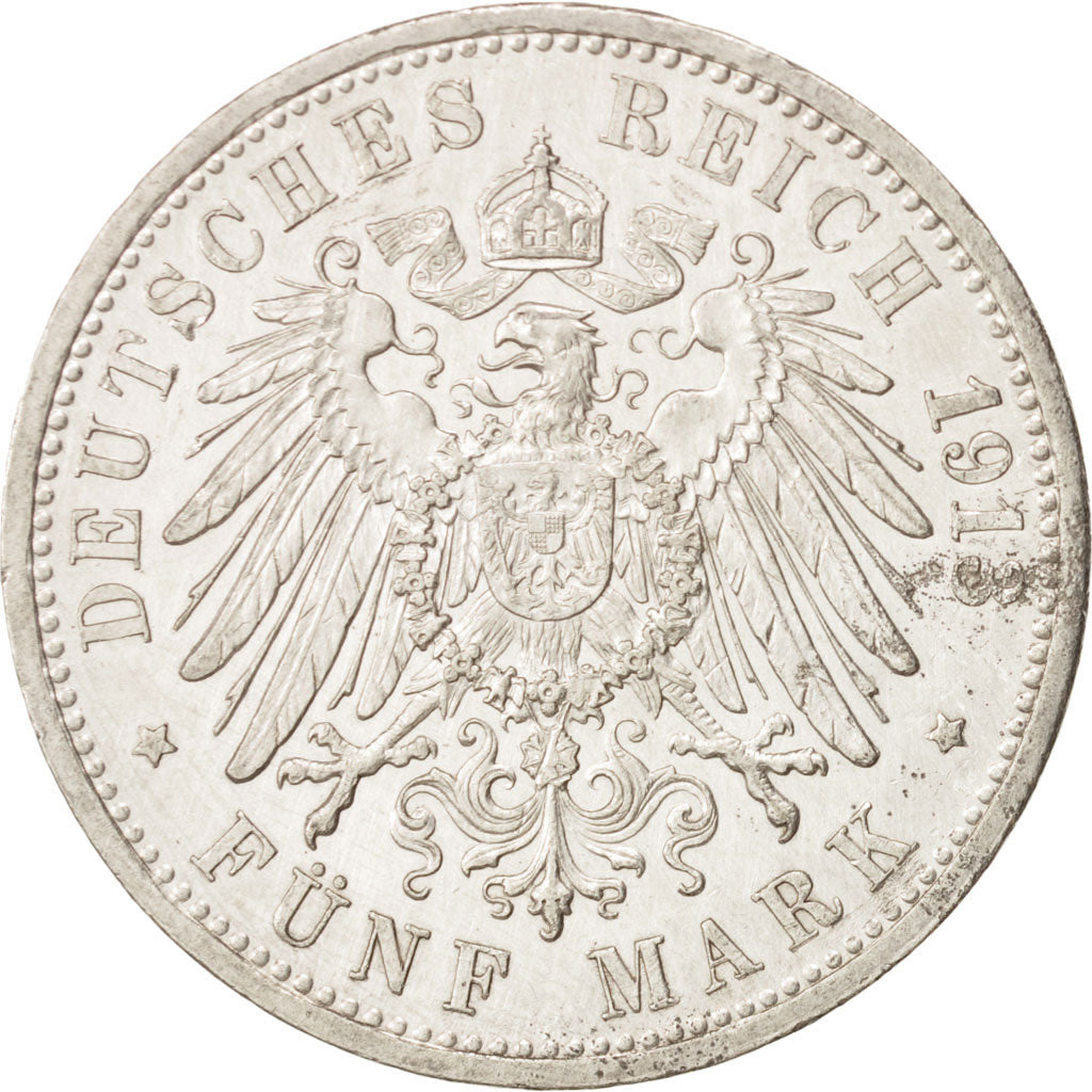 German States, BADEN, Friedrich II, 5 Mark, 1913, Stuttgart, EF(40-45), KM 281