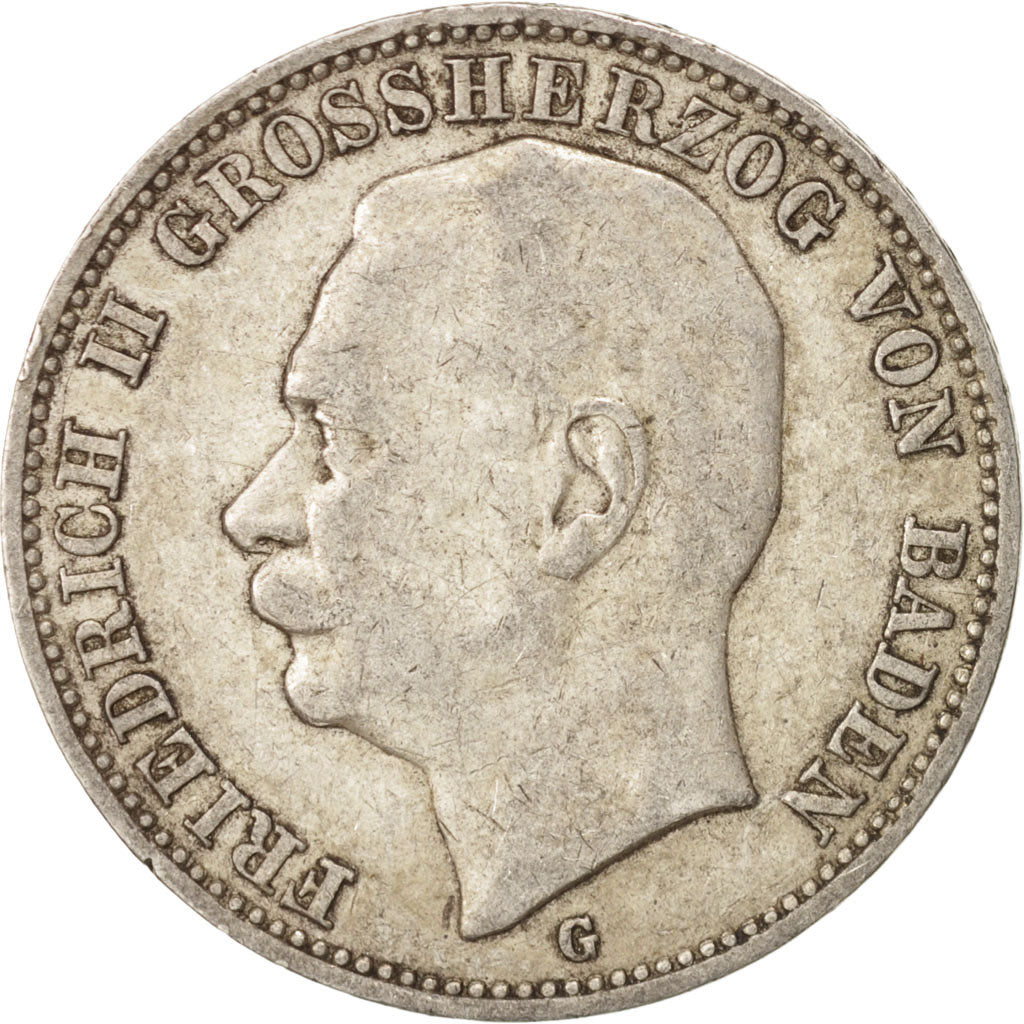 German States, BADEN, Friedrich II, 3 Mark, 1909, Stuttgart, EF(40-45), KM 280