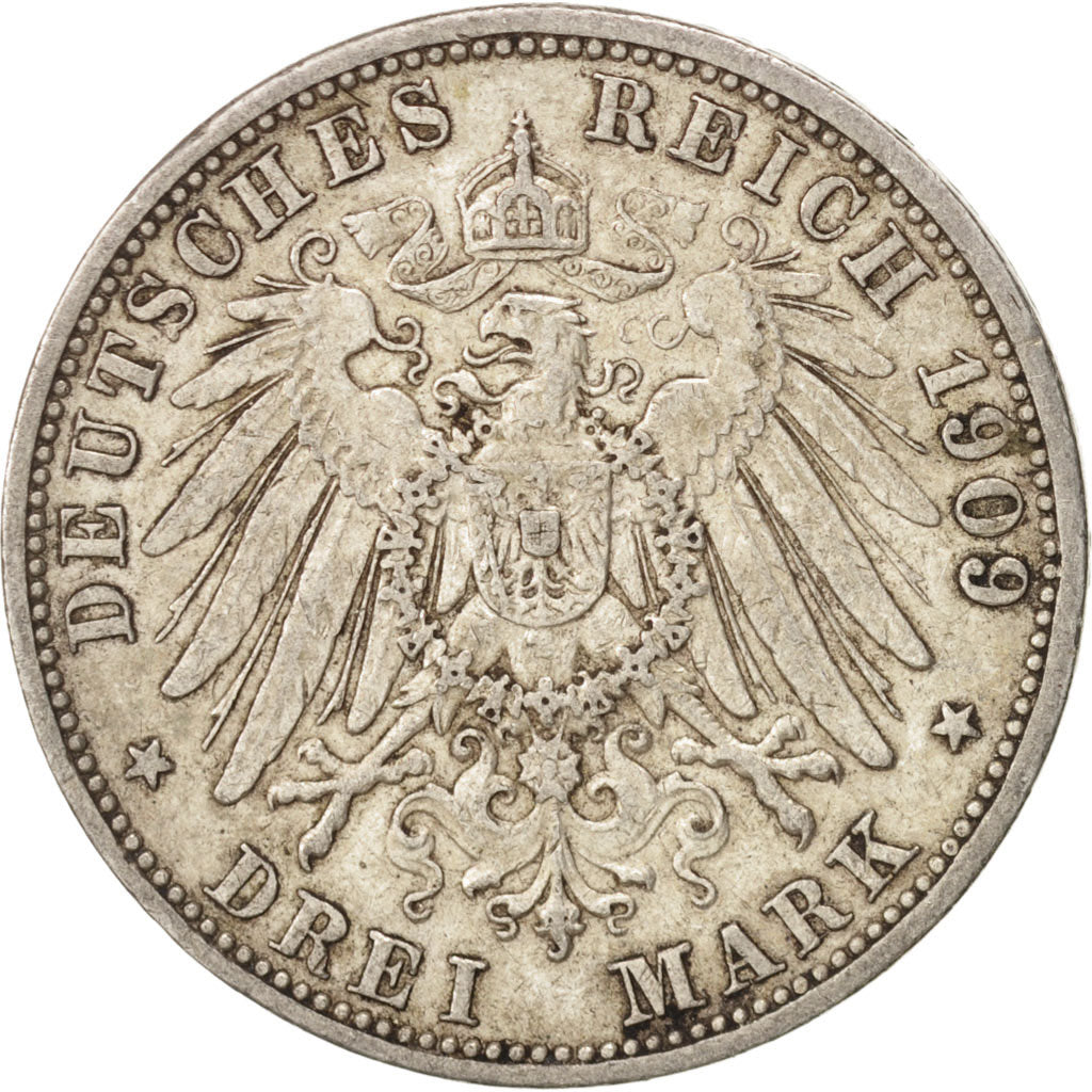 German States, BADEN, Friedrich II, 3 Mark, 1909, Stuttgart, EF(40-45), KM 280