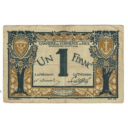 France, Nice, 1 Franc, 1917, VF(20-25), Pirot:91-5