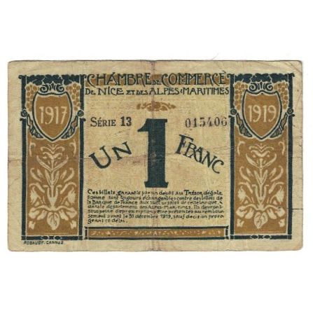 France, Nice, 1 Franc, 1917, VF(20-25), Pirot:91-5