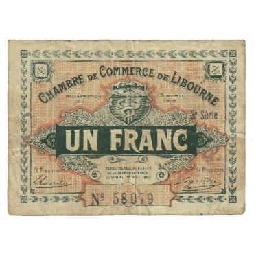 France, Libourne, 1 Franc, 1915, VF(20-25), Pirot:72-16
