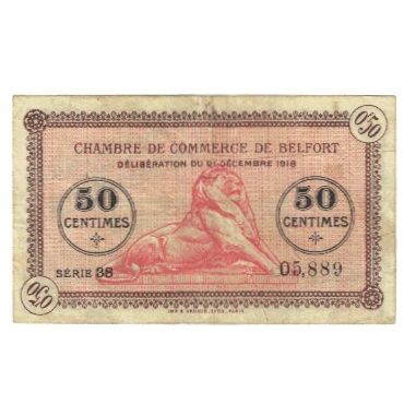 France, Belfort, 50 Centimes, 1918, Chambre de Commerce, EF(40-45), Pirot:23-48