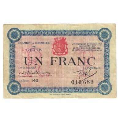 France, Cette (Sète)., 1 Franc, 1915, Chambre de Commerce, EF(40-45)