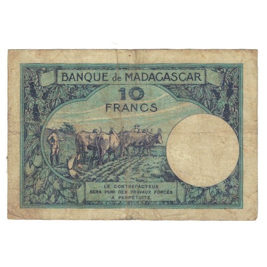 Banknote, Madagascar, 10 Francs, 1937-1947, KM:36, VF(20-25)