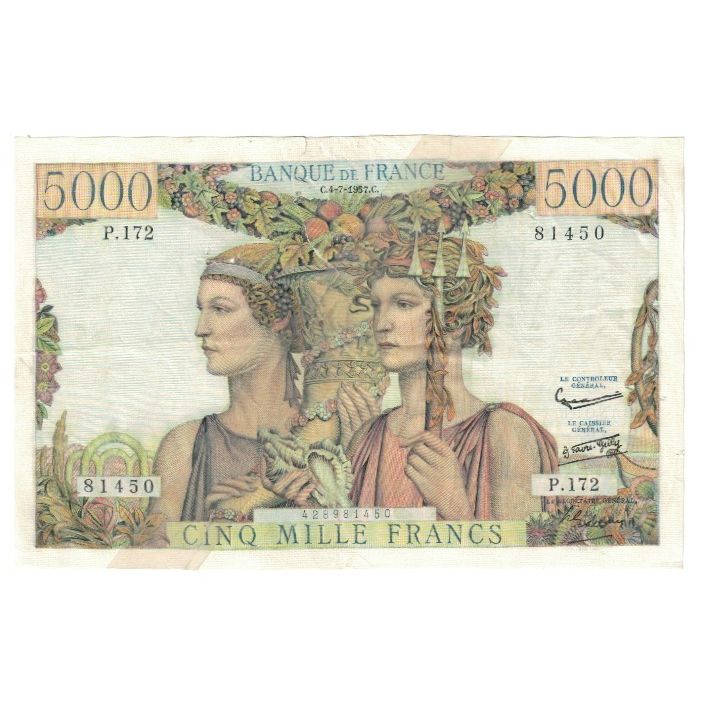 França, 5000 Francs, Terre et Mer, 1957, P.172, VF(20-25), Fayette:48.16