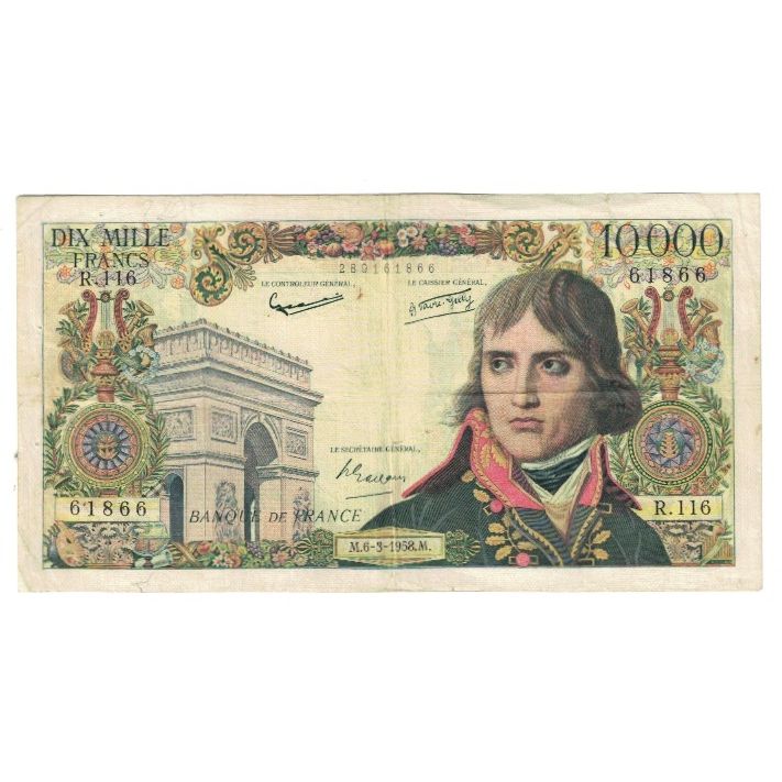 France, 10,000 Francs, Bonaparte, 1958, R.116, VF(20-25), Fayette:51.11, KM:136b
