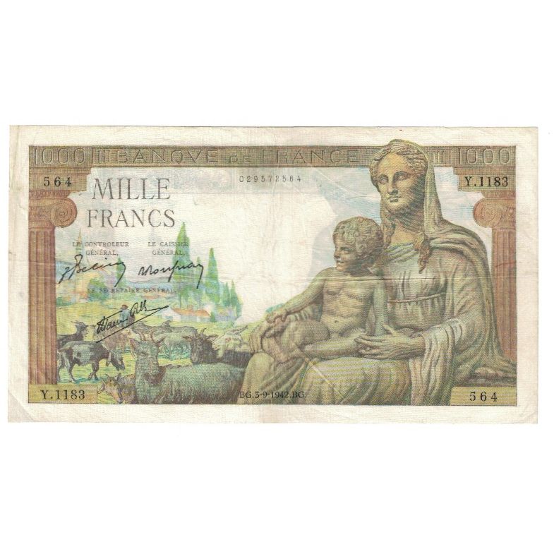 France, 1000 Francs, Déesse Déméter, 1942, Y.1183, VF(20-25), KM:102