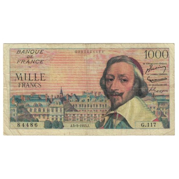 Francia, 1000 Francs, Richelieu, 1955, P. Rousseau and R. Favre-Gilly
