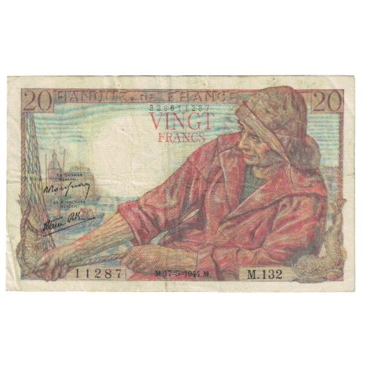 France, 20 Francs, Pêcheur, 1944, P. Rousseau and R. Favre-Gilly, 1944-05-17