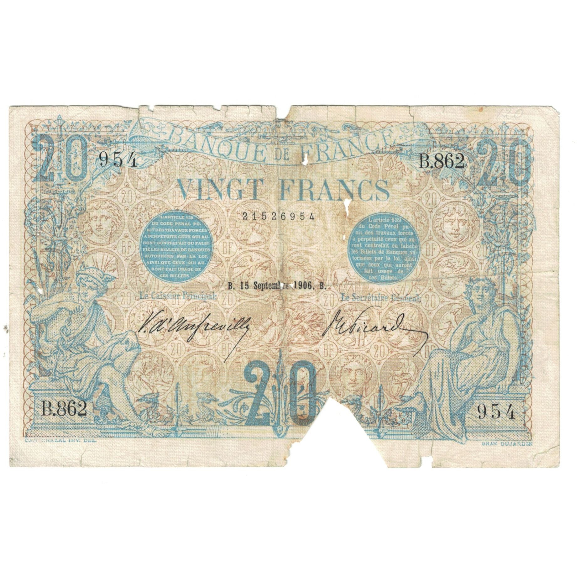 Frankreich, 20 Francs, Bleu, 1906, E.Picard-J.Laferrière, 1906-09-15, GE