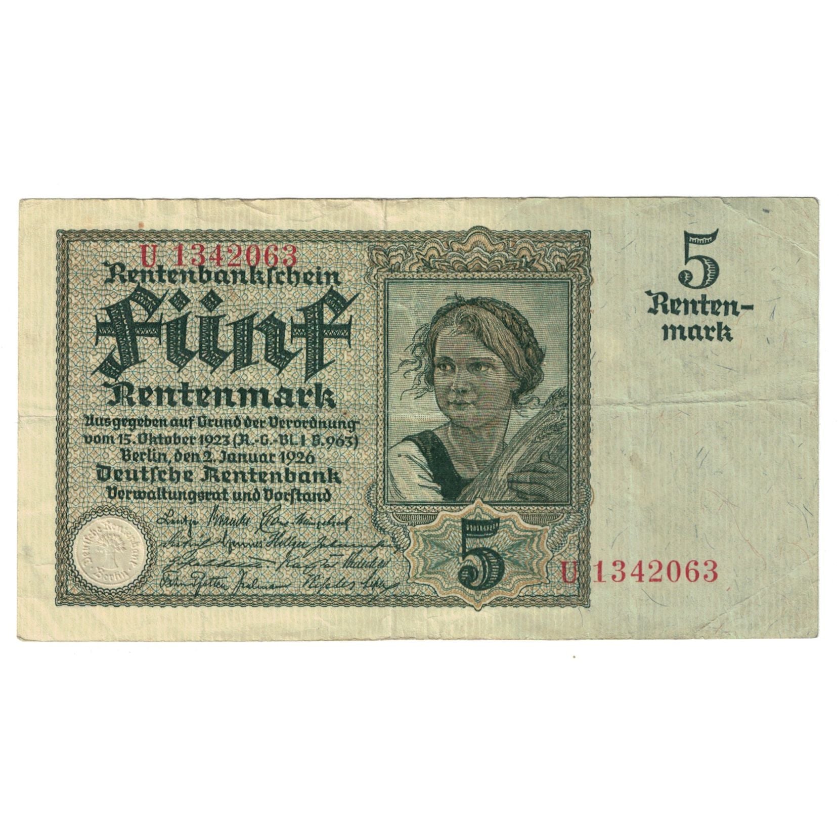 Banknote, Germany, 5 Rentenmark, 1925-1926, 1926-01-02, KM:169, EF(40-45)