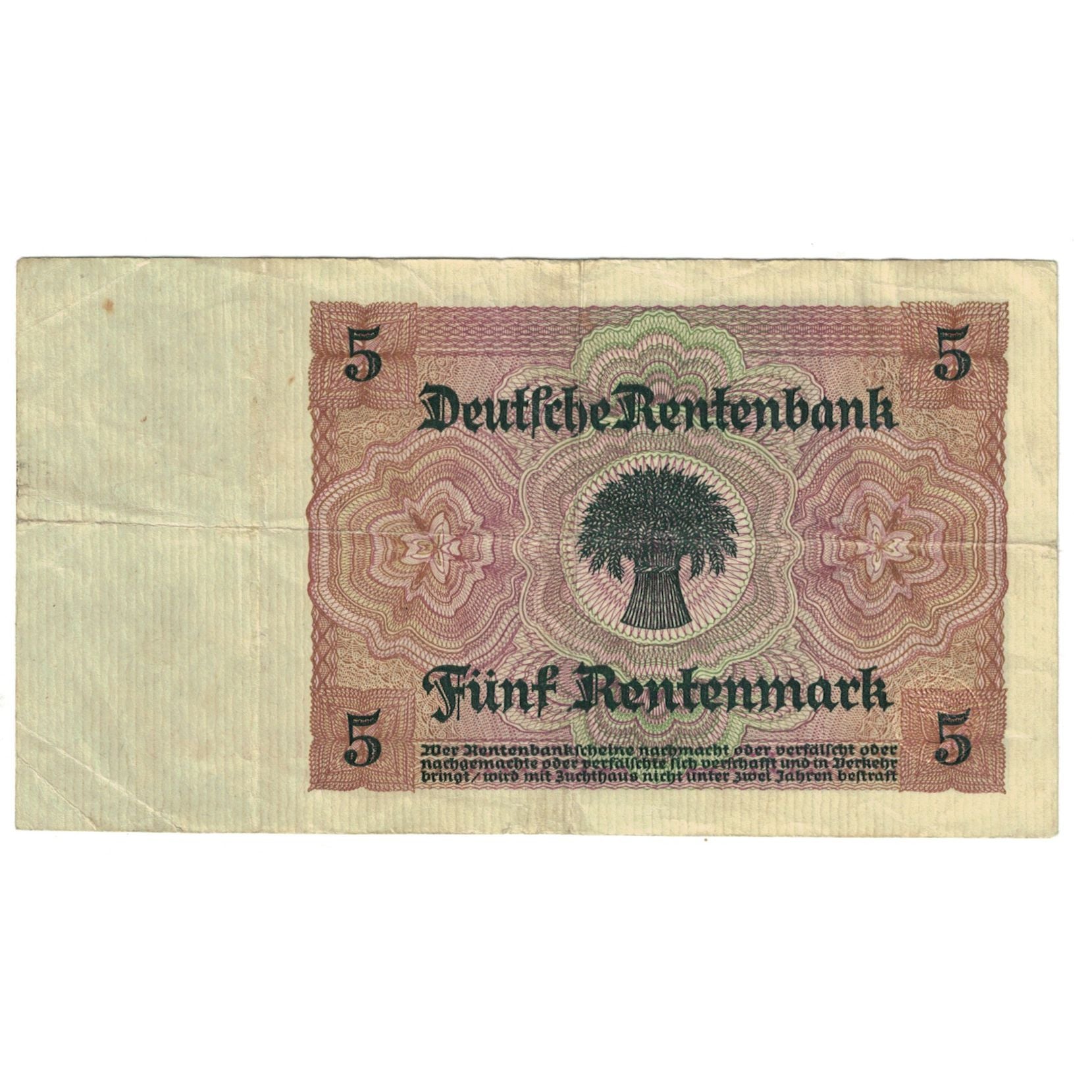 Banknote, Germany, 5 Rentenmark, 1925-1926, 1926-01-02, KM:169, EF(40-45)