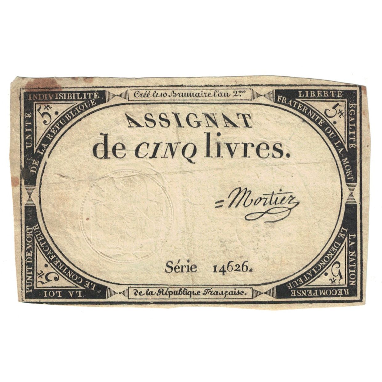 France, 5 Livres, 1793, Mortier, 10 brumaire de l'an 2 - (31 octobre 1793), TB