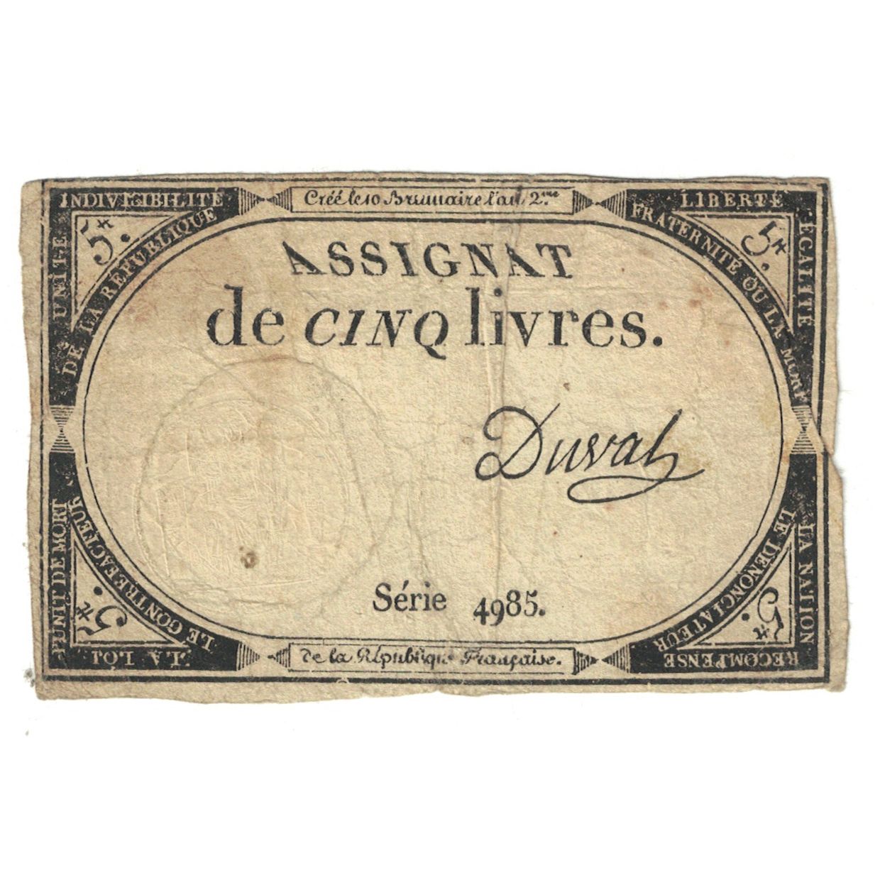 Francia, 5 Livres, 1793, Duval, 10 brumaire de l'an 2 - (31 octobre 1793), B
